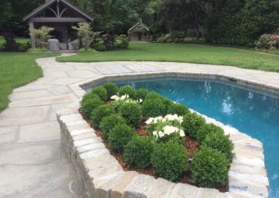 pool with shrubs and stone walkway